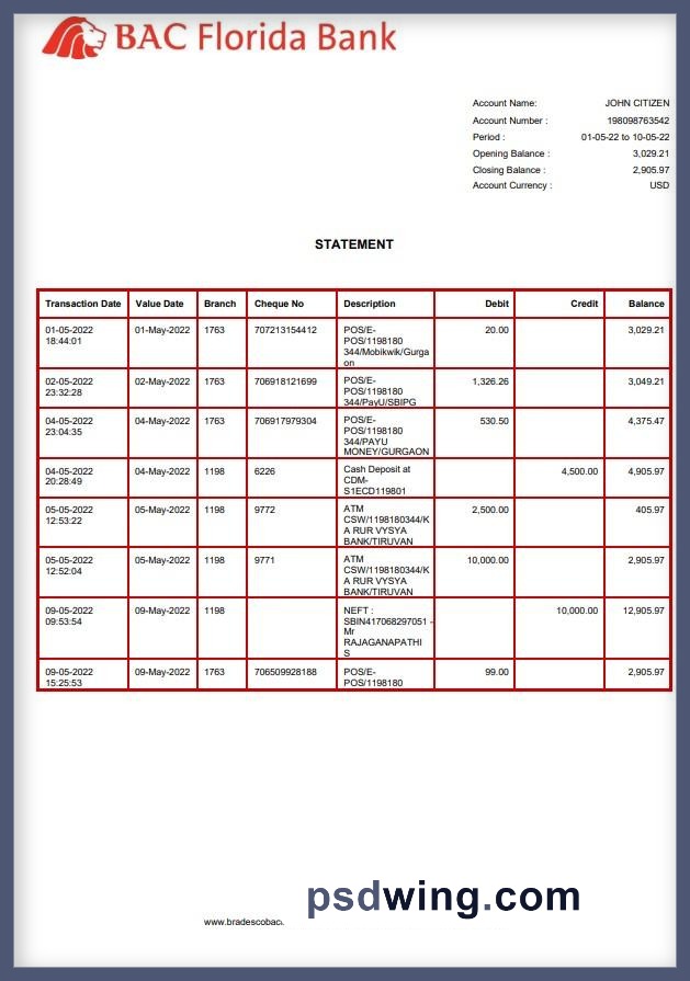 USA BAC Florida Bank Statement (Word)